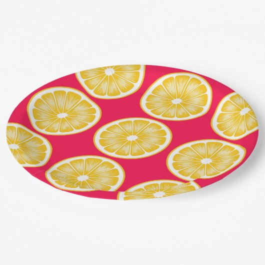 Citrus Lemon Slice Hot Pink & Yellow Pappteller (Schrägansicht)
