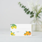 Citrus Lemon und Orange Wedding Table Platzkarte Visitenkarte (Stehend Vorderseite)