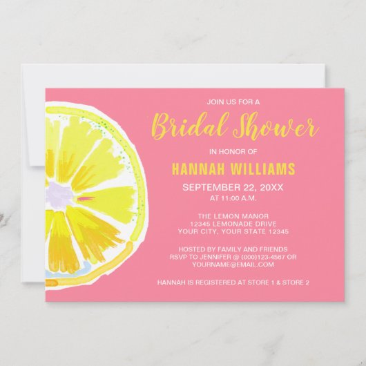 Citrus Lemon Watercolor Pink Brautparty Einladen Einladung (Vorderseite)