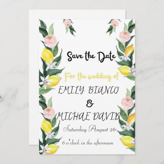 Citrus Lemon Wedding Yellow Lemon Einladung (Vorne/Hinten)