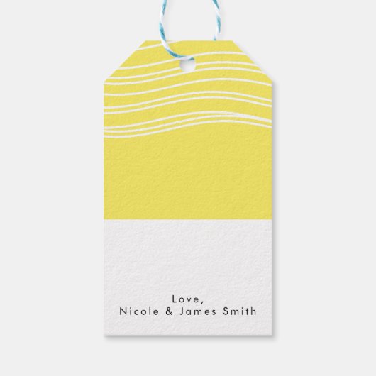 Citrus Lemon Yellow & White Wave Moderne Hochzeit Geschenkanhänger (Rückseite)