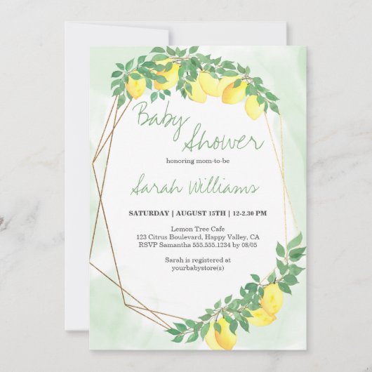 Citrus Lemons Gold Frame Mint Wash Baby Dusche Einladung (Vorderseite)