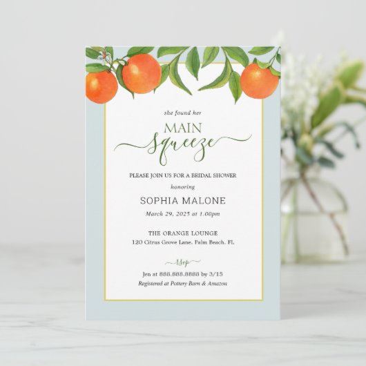 Citrus Main Squeeze Brautparty Einladung (Stehend Vorderseite)