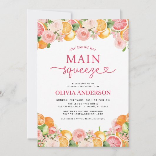 Citrus Main Squeeze QR-Brautparty Einladung (Vorderseite)