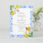 Citrus MediterranblueTiles Lemon Italien Wedding Einladung (Stehend Vorderseite)