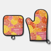 Citrus Muster - Individuelle Name - Rosa Orangenle Ofenhandschuh & Topflappen-Set (Vorderseite)