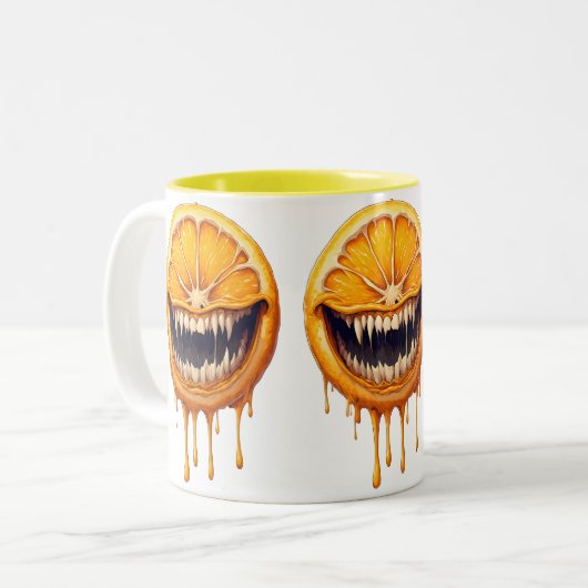 Citrus Nightmare Coffee Mug – Spooky Fruit Design Zweifarbige Tasse (Vorderseite Links)