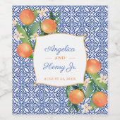 Citrus Orange Amalfi Blue Tiles Hochzeitessen Weinetikett (Einzelnes Label)
