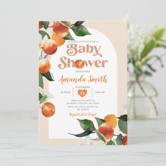 Citrus Orange Baby Dusche Sommer Tropical Floral Einladung (Stehend Vorderseite)