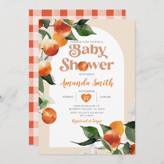 Citrus Orange Baby Dusche Sommer Tropical Floral Einladung (Vorne/Hinten)