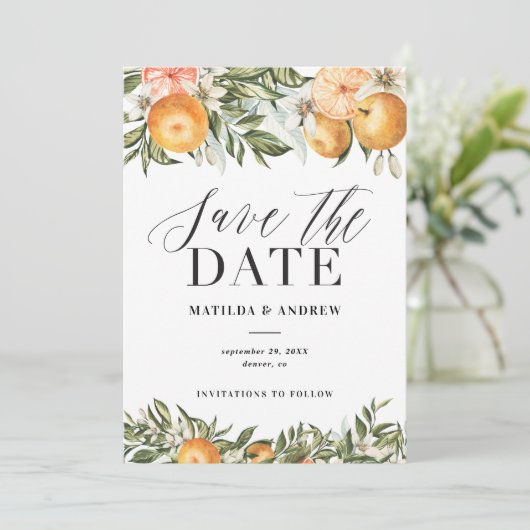 Citrus, orange + blüte Hochzeit speichern Sie das (Stehend Vorderseite)
