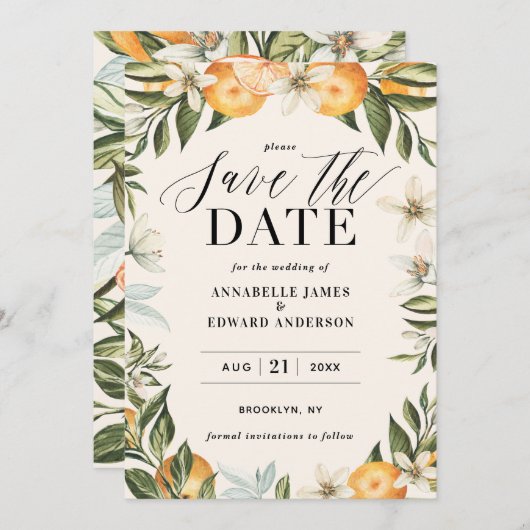 Citrus, orange + blüte Hochzeit speichern Sie das (Vorne/Hinten)