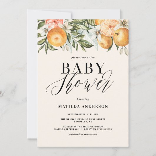 Citrus, orange + blütige Babydusche Party (Vorderseite)