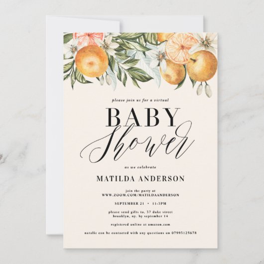 Citrus, orange + blütige virtuelle Babydusche (Vorderseite)