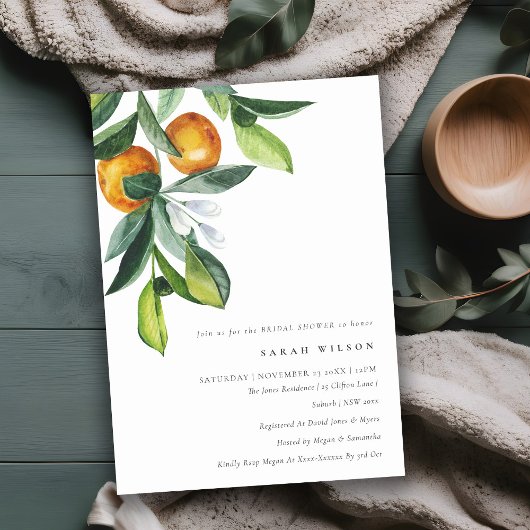 Citrus Orange Botanical Boho Brautparty Einladung