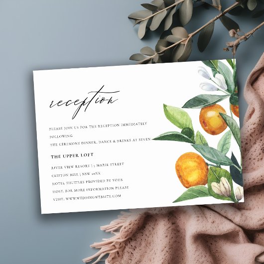 Citrus Orange Botanical Boho Hochzeitsempfang Begleitkarte