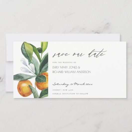 Citrus Orange Botanical Boho Save the Date einlade Dankeskarte (Vorderseite)