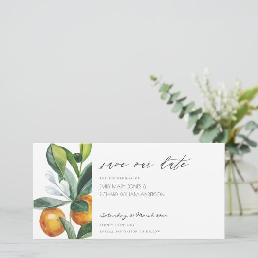 Citrus Orange Botanical Boho Save the Date einlade Dankeskarte (Stehend Vorderseite)
