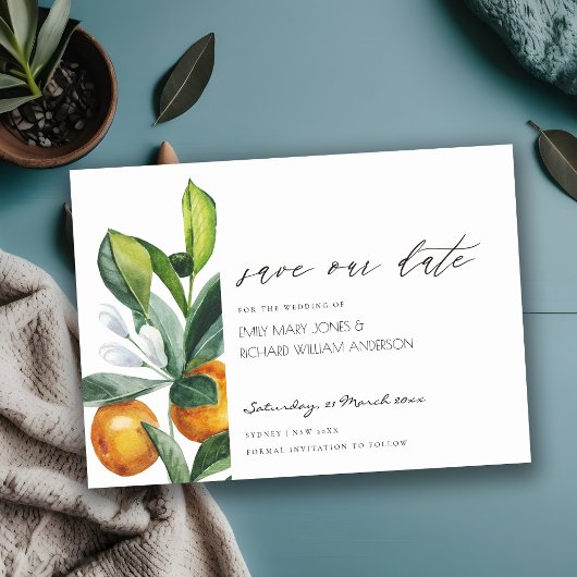 Citrus Orange Botanical Boho Save the Date einlade Dankeskarte