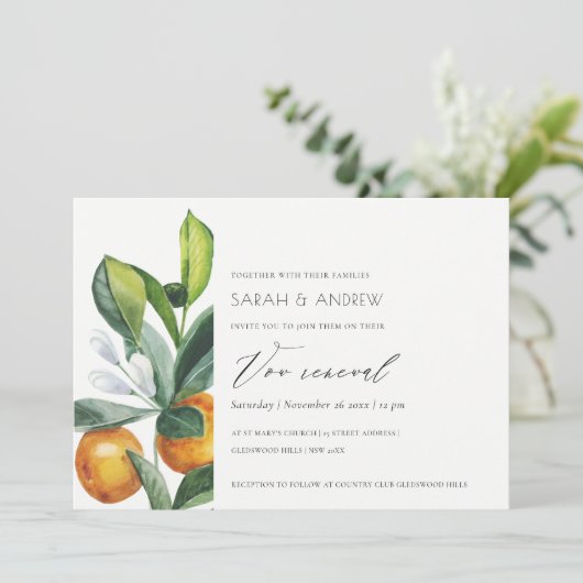 Citrus Orange Botanical Boho Vow Renewal Einladung (Stehend Vorderseite)