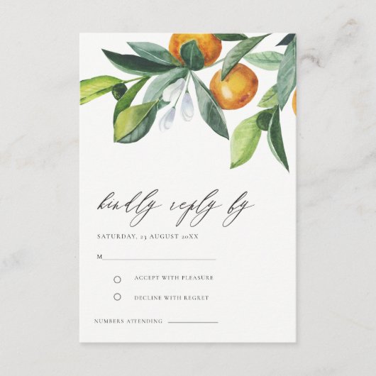 Citrus Orange Botanical Boho Wedding RSVP Begleitkarte (Vorderseite)
