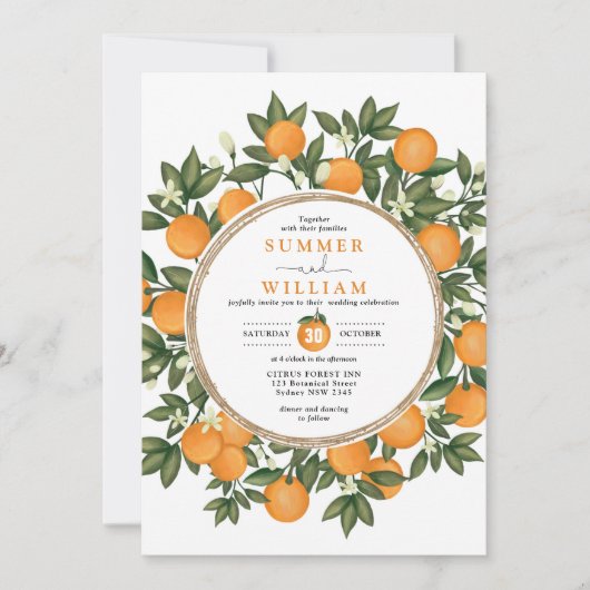 Citrus Orange Botanische Mandarine Grüne Hochzeit Einladung (Vorderseite)