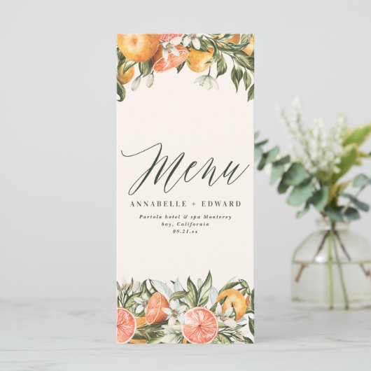 Citrus orange botanische moderne rustikale menükarte (Stehend Vorderseite)
