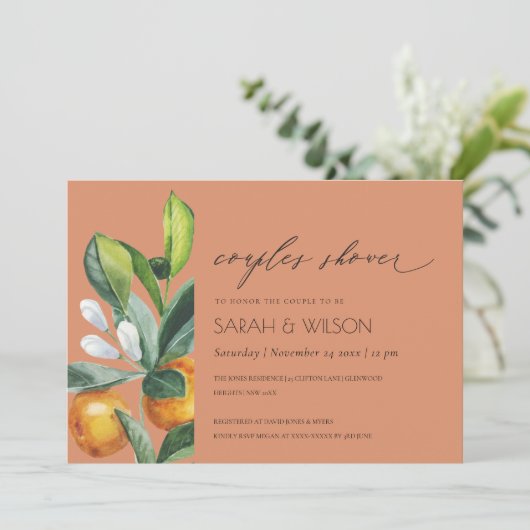 Citrus Orange Botanische Rostpaare Dusche einladen Dankeskarte (Stehend Vorderseite)