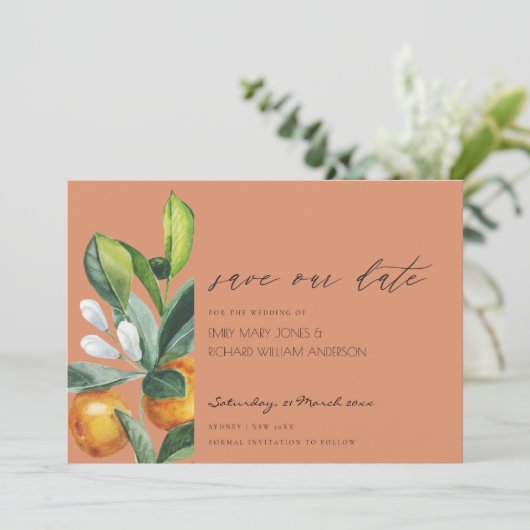 Citrus Orange Botanischer Rust Save the Date einla Dankeskarte (Stehend Vorderseite)