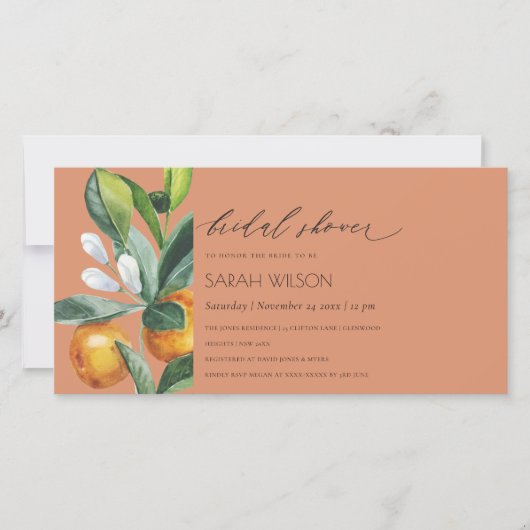 Citrus Orange Botanisches Rost Brautparty Einladun Dankeskarte (Vorderseite)