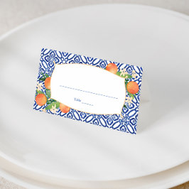 Citrus Orange Classic Blue Tiles Muster Hochzeit Platzkarte