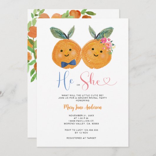 Citrus Orange Er oder sie rosa Blütendarstellung Einladung (Vorne/Hinten)