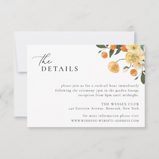 Citrus Orange Floral Wedding Details Card Einladung (Vorderseite)