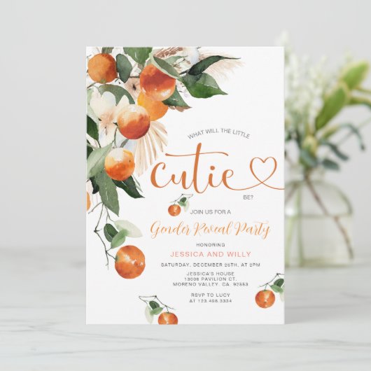 Citrus Orange He or She Greenerity Gender Reveal Einladung (Stehend Vorderseite)