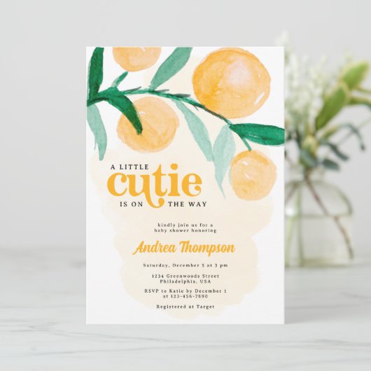 Citrus Orange Kleine Süsse Kinderdusche Einladung (Stehend Vorderseite)