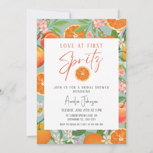 Citrus Orange Liebe bei First Spritz Brautparty Einladung (Vorderseite)