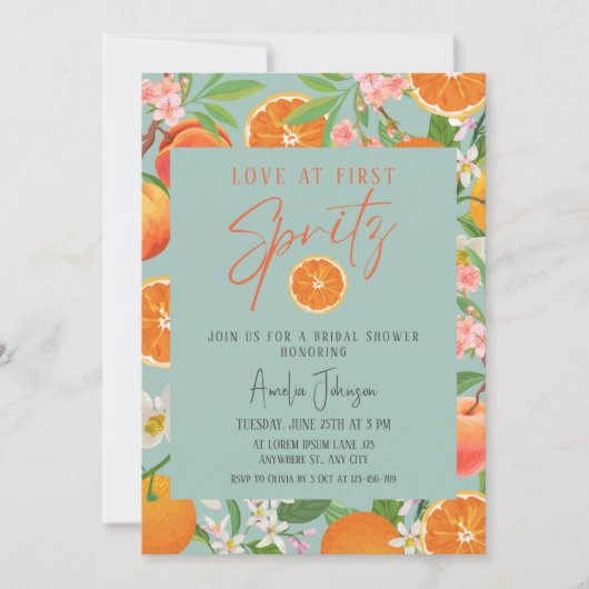Citrus Orange Liebe bei First Spritz Brautparty Einladung (Vorderseite)