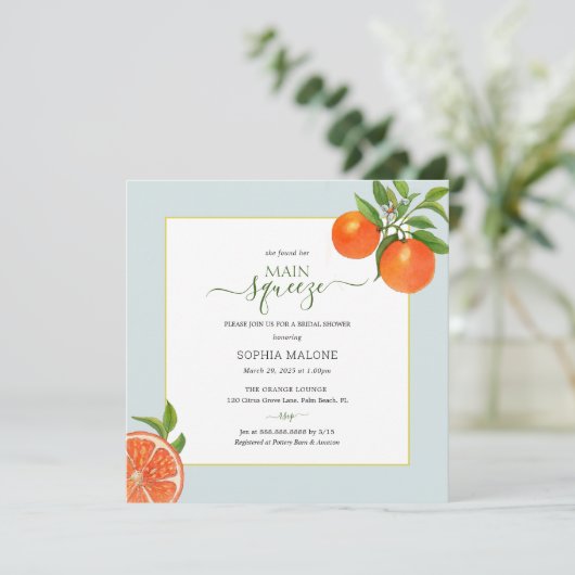 Citrus Orange Main Squeeze Brautparty Einladung (Stehend Vorderseite)