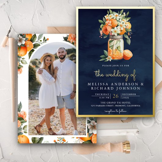 Citrus Orange Navy Blue Mason Jar Wedding Gold Folieneinladung