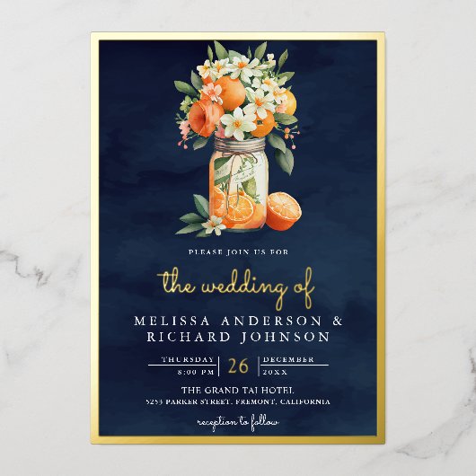 Citrus Orange Navy Blue Mason Jar Wedding Gold Folieneinladung (Vorderseite)