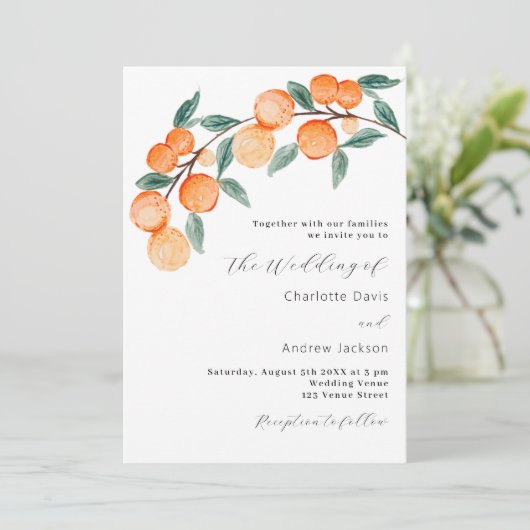 Citrus Orangen Aquarell Moderne Skripthochzeit Einladung (Stehend Vorderseite)