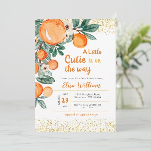 Citrus Orangen Kinderdusche Einladung (Stehend Vorderseite)