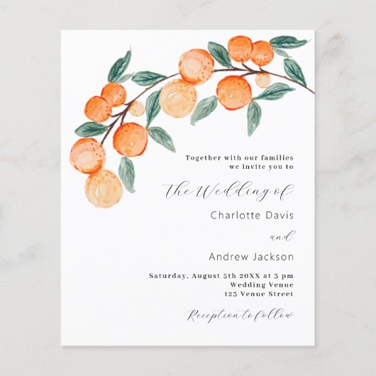 Citrus Orangen Skript-Budget Hochzeitseinladung (Vorderseite)