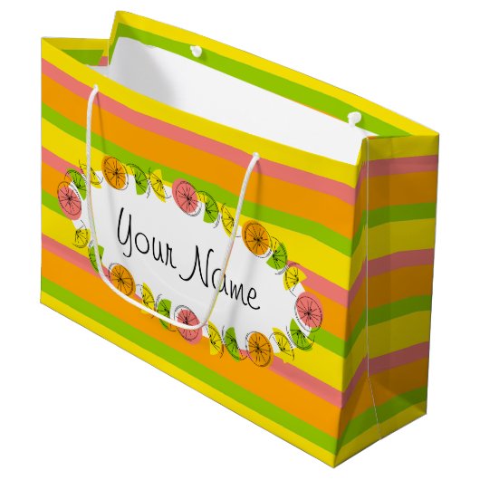 Citrus Oval Stripe Klassischer Name Geschenktasche Große Geschenktüte (Vorderseite Schrägansicht)