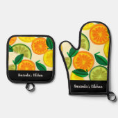 Citrus Pattern Green Orange Lemon Personalisiert Ofenhandschuh & Topflappen-Set (Vorderseite)