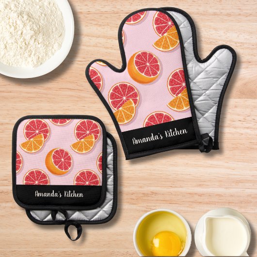 Citrus Pattern Orange Lemon Personalisiert Kitchen Ofenhandschuh & Topflappen-Set