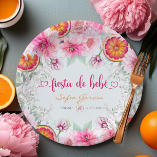 Citrus & Pink Blume Fiesta Spanische Babydusche Pappteller