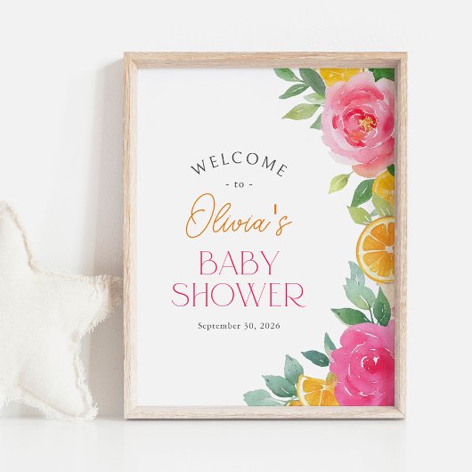 Citrus Pink Floral Baby Dusche Begrüßungszeichen Poster