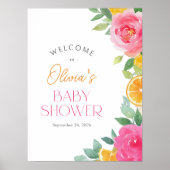 Citrus Pink Floral Baby Dusche Begrüßungszeichen Poster (Vorne)