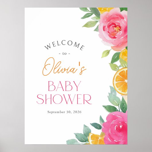 Citrus Pink Floral Baby Dusche Begrüßungszeichen Poster (Vorne)